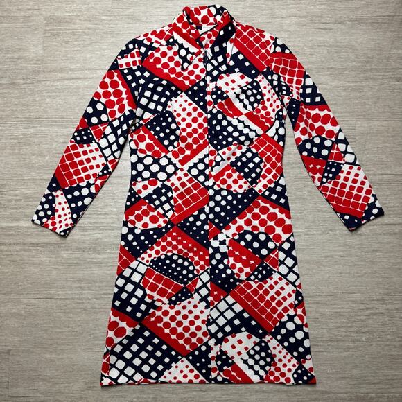 Unbranded Dresses & Skirts - Vintage 1970s Mod Geometric Print Zip Front Collared Long Sleeve Shirt Dress Red
